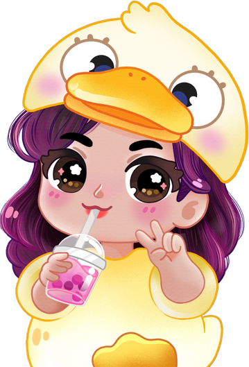 A girl with pink hair drinking boba tea in a duckling costume