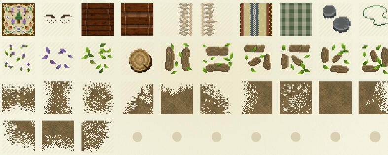 A combination of all the designs I made myself for my 30 days island (dirt path, wooden plank, log, leaves, puddle, rocks, rugs, plank bridge, frindge, freckles and flag)