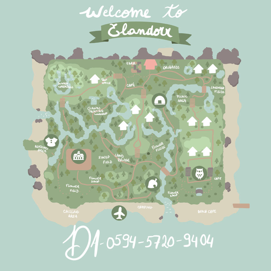 A map of Elandorr - a springcore island filled with nature and old town inspo - DA-0594-5720-9404